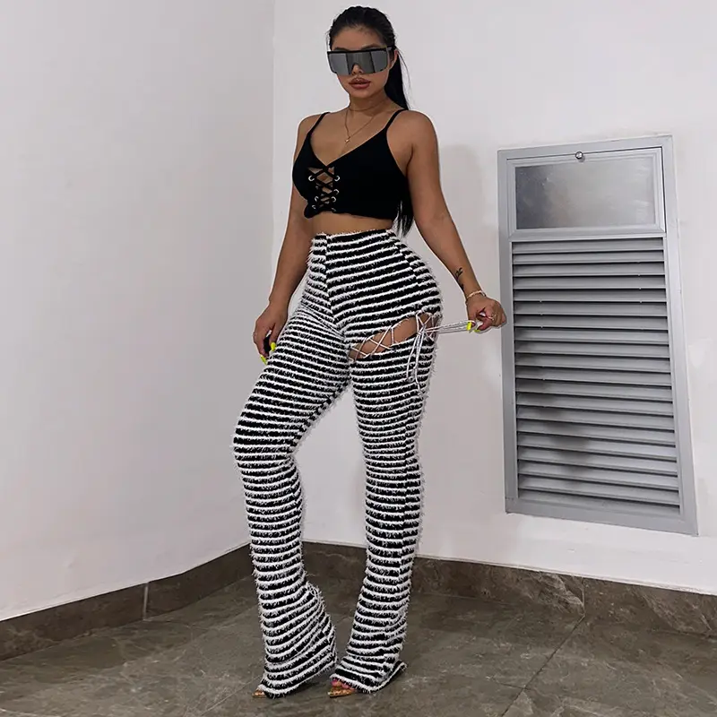 New Trendy Casual Fall Winter Striped Color Blocking Skinny Hollow Out Women Lace Up Stacked Leggings Joggers Pleated Pants