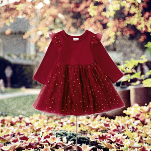 Robe décontractée pour bébé fille printemps 2025, col rond, manches longues, robe volante avec filet scintillant ciel étoilé pour les vacances - Product Image 3