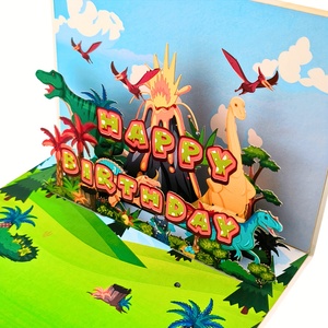 <span class=keywords><strong>Carte</strong></span> de message de cadeau d'anniversaire mignon dinosaure monde volant dinosaure volcan fond de ciel bleu cartes de voeux pop-up 3D - Product Image 1