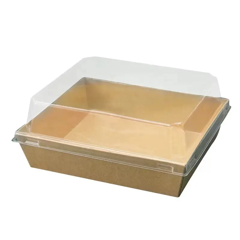 Recycled Paper Take Away Box with Plastic Lid Rectangular Square Bakery Food Packaging Cake Bread Snack Sushi Cookie Take-Away
