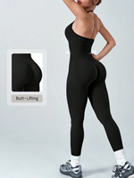 Combinaison de sport pour femme, style body, à col licou, avec coussinets push-up, pour le yoga et la gym, vêtements de sport, tenue de fitness, tenue de sport une pièce, vêtements sculptants