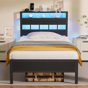 Cadres de <span class=keywords><strong>lit</strong></span> modernes <span class=keywords><strong>avec</strong></span> station de charge, lumières LED, sommier à plateforme, lattes métalliques, tête de <span class=keywords><strong>lit</strong></span> en bois, <span class=keywords><strong>étagère</strong></span>s de rangement à 2 niveaux, réglables - Product Image 1
