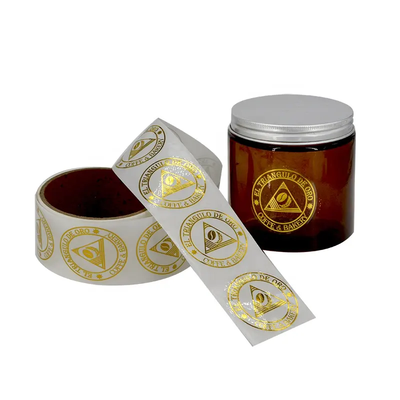 Rollo de pegatinas de vinilo redondas, autoadhesivo de impresión de lámina de oro transparente, etiqueta de embalaje de logotipo de círculo personalizado