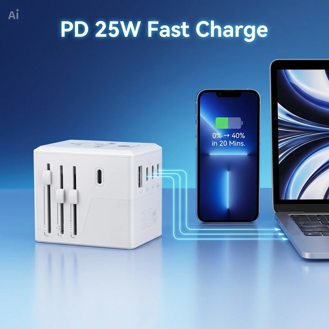 Hot Sale 2026 Universal Socket Adaptor Multiple USB Ports Type C Fireproof Gan 25W Travel Adapter Fast Charger for Laptop Phone