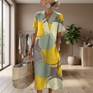 <b>Boho</b> V-Neck Midi <b>Dress</b> With Geometric Print Short Sleeve Loose Fit Linen Cotton <b>Summer</b> Casual Wear - Product Image 3