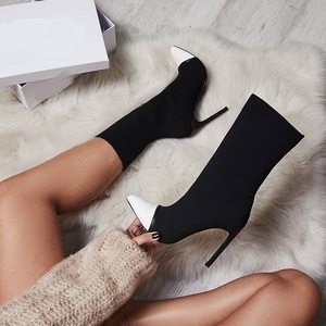 Soldes d'hiver 2025 : Nouvelles bottines pour femmes, style pointu, en tissu élastique, contraste noir et blanc, à lacets et fermeture éclair, tailles 35-42 - Product Image 4