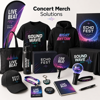 Ensemble de marchandises personnalisées pour festival : t-shirt, sweat-shirt, sac fourre-tout, bracelet, porte-clés pour événements musicaux, fêtes et souvenirs pour fans.