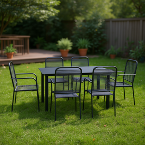 <b>Black</b> Steel Garden Dining Set 6 Seater Contemporary Outdoor Furniture Powder Coated <b>Frame</b> - Product Image 2
