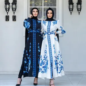 2022 New cross-border goods source wish Muslim women's long sleeved stand collar printed large hem dress