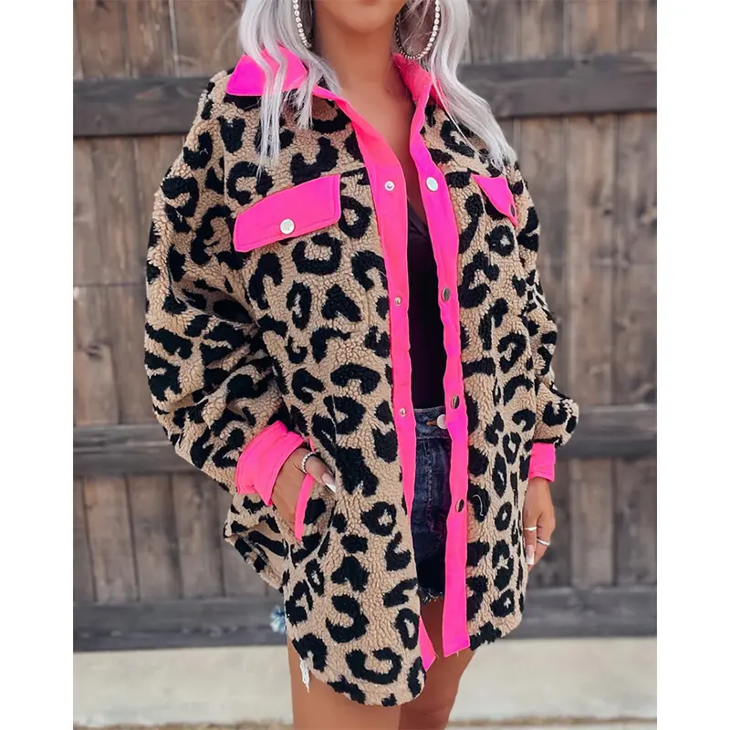 Autumn Women Casual Fleece Coat Front Pocket Leopard Print Jacket