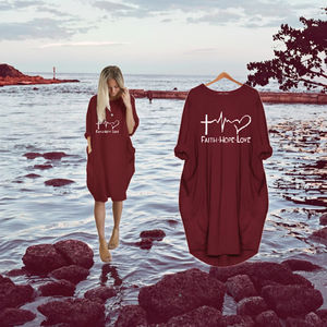Abito bohémien a maniche lunghe da donna taglie forti con lettere stampate 'fede speranza amore' Top ampio con tasca alla moda - Product Image 2