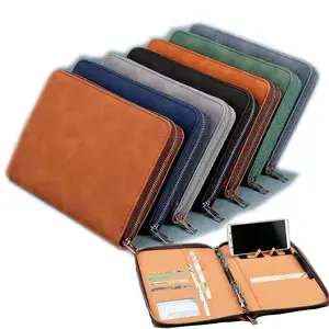 Factory customize A4 PU leather portfolio folders Travel Notebook zipper Padfolio Folder
