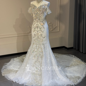 Robe de mariée sirène élégante blanche à col montant, ornée de cristaux argentés et de perles, avec manches bouffantes surdimensionnées, modèle Xs323 Jancember - Product Image 5