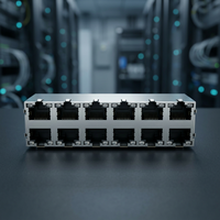 Connecteur modulaire RJ45 8P8C DIP à angle droit 12 ports, 2 couches, avec contacts en bronze phosphoreux doré, boîtier en cuivre positif/inversé, LED