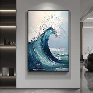 Paesaggio Fengshui dipinto a mano dipinto a olio del mare blu moderno per il supporto della tela della decorazione della parete dell'ufficio o del salotto - Product Image 1