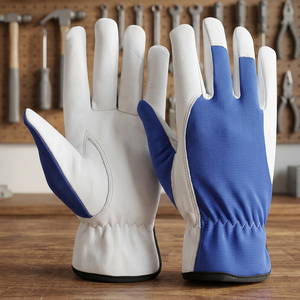 Gants de travail en cuir blanc et bleu, antidérapants aux doigts, gants de sécurité polyvalents, manchette droite - Product Image 2