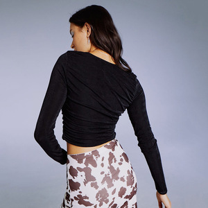 Top Corto de Moda para Mujer, Manga Larga, Cuello en V, Botones al Frente, Color Azul Sólido, Poliéster, Origen Yiwu, Uso Diario - Product Image 3