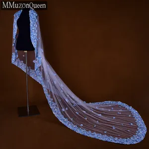 MMuzonQueen A42 Pretty Pop Light Blue Flower Welt Veil Beaded Beaded Strap Hair Comb Bridal Wedding Cathedral Accessories