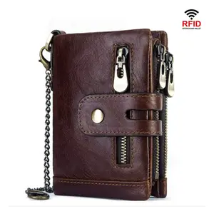 Men's Genuine Leather Wallet Vintage Short Multi Function Business Card Holder RFID Blocking Zipper Coin Pocket Money Clip
