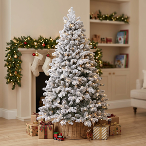 Sapin de Noël artificiel floqué avec lumières LED blanc chaud, écologique, décoration intérieure pour les fêtes, avec support étanche - Product Image 1