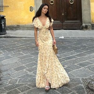 Vestido Casual de Verano con Cuello en V y Estampado Floral Pequeño, Vestido Largo Ajustado con Cola de Pez Irregular - Product Image 3