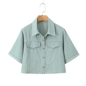 เสื้อแจ็คเก็ตเดนิมสีฟ้าอ่อน Runqi ไซส์ใหญ่สำหรับผู้หญิง แขนสั้น สีพื้น ชุดเสื้อครอปท็อปผ้าแคนวาส - Product Image 1