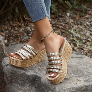 Sandales compensées à bout ouvert pour femmes, avec lanières tressées, style <span class=keywords><strong>espadrille</strong></span>, chaussures décontractées d'été pour dames - Product Image 5