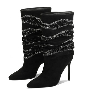 Bottines <span class=keywords><strong>noires</strong></span> à strass pour femmes, à bout pointu, talons hauts, style western glamour, souples, pour l'automne et l'été, rehaussant la silhouette - Product Image 3