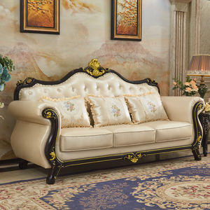 Europese Stijl Echt Lederen Bank 123 Set, Grote Driezitter Met Ebbenhout Massief Houtsnijwerk - Product Image 2