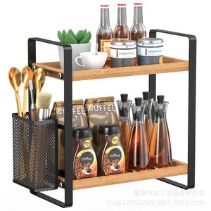 Étagère de rangement de cuisine en bois à double couche avec structure en fer pour condiments et bouteilles, organisateur de comptoir - Product Image 5