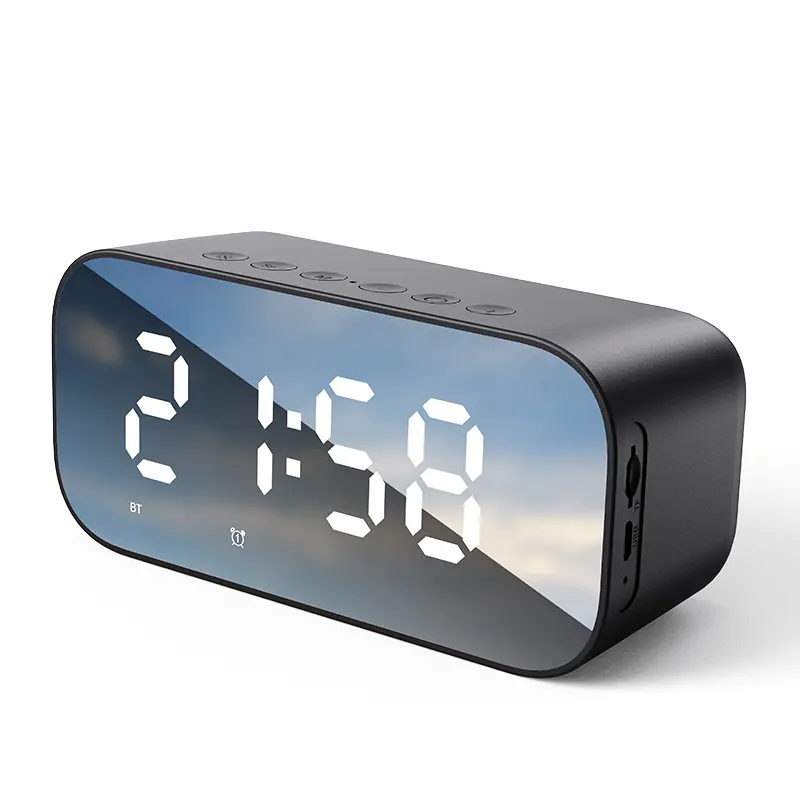 多機能ミニLEDミラースクリーンポータブルデスクトップワイヤレスFMラジオスピーカーサブウーファーデジタル目覚まし時計Bluetoothスピーカー