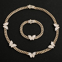 Pulsera y Collar de Eslabones Cubanos con Mariposa Esmaltada Colorida, Chapado en Oro de 14K, con Incrustaciones de Circonitas, Joyería de Latón Estilo Hip Hop para Mujer