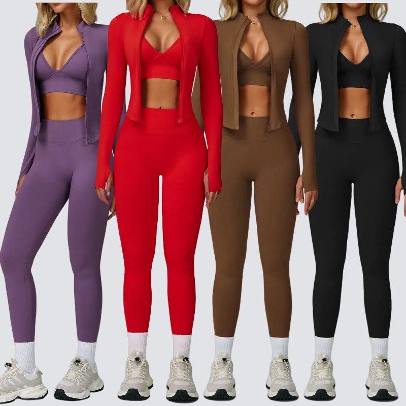 3PCS Yoga Suit Bra Women's V-waist Leggings Zipper-style Long-sleeved Jacket Outdoor Sports Fitness Suit Training Sportswear