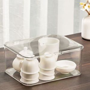 Transparent Tea Set Storage Box With <b>Lid</b> 40x40x25cm <b>Plastic</b> Rectangular Minimalist Design For Living Room Tableware Organization - Product Image 4