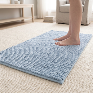 Tapis de bain en chenille rectangulaire, couleur unie, antidérapant, avec support en caoutchouc, épaisseur moyenne, style uni, pour usage domestique, lavable en machine - Product Image 1