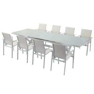 Conjunto de Muebles de Malla para Jardín <span class=keywords><strong>y</strong></span> Patio, <span class=keywords><strong>Mesa</strong></span> <span class=keywords><strong>y</strong></span> Silla Extensible de <span class=keywords><strong>Aluminio</strong></span>, Rectángulo Blanco, Tapa de <span class=keywords><strong>Cristal</strong></span>, Café, Picnic, Comedor, Jardín, <span class=keywords><strong>Exterior</strong></span> - Product Image 1