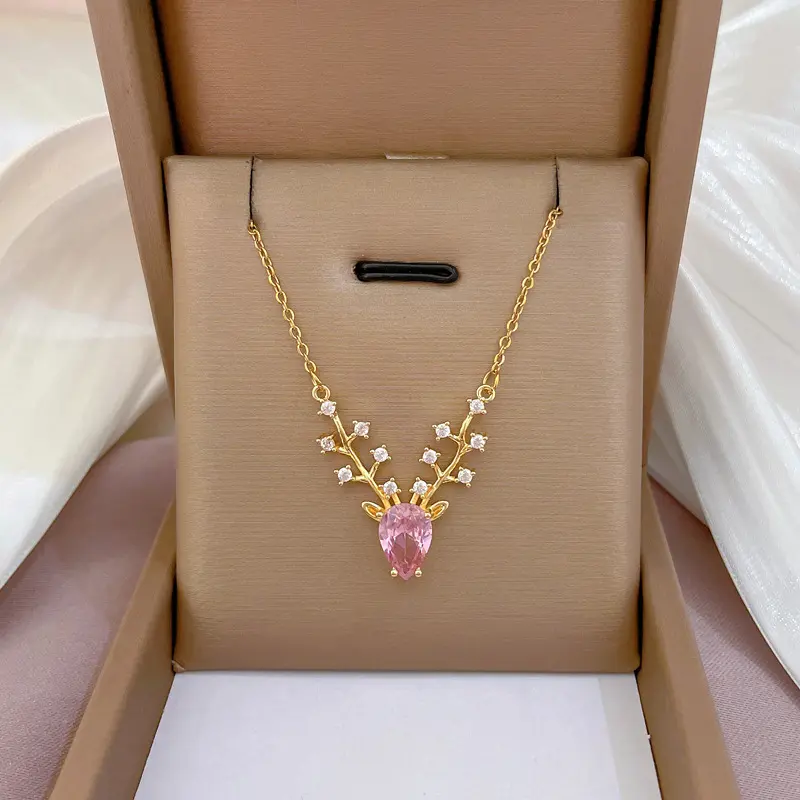 Aesthetic Elk Necklace with Pink Crystal Korean Stainless Steel Chain Christmas Choker Necklace Jewelry