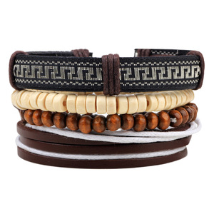 Fashion Wrap <b>Bracelets</b> Genuine Leather Wooden Beads Geometric Pattern Men's Jewelry QNW4010 - Product Image 1