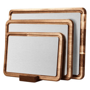 Ensemble de planches à découper en bois d'acacia et acier inoxydable, rectangulaires, 3 pièces, épaissies avec rainure, compatibles lave-vaisselle - Product Image 1