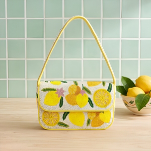Sac fourre-tout en coton pour femme, fait main, motif citron, broderie, fleurs en soie perlées, fermeture à boucle, bandoulière unique - Product Image 1