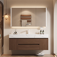 Ensemble de meuble-lavabo mural en contreplaqué noyer avec miroir LED intelligent et vasque en dalle de pierre pour hôtels et complexes hôteliers - Vente en gros