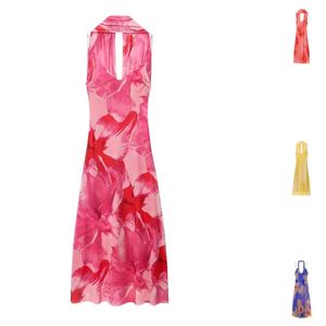 Vestido Maxi de Verano para Mujer, Casual, Cuello en V, Tirantes Finos, Diseño sin Espalda, Cintura Natural, Transpirable, Decorado con Bufanda - Product Image 1