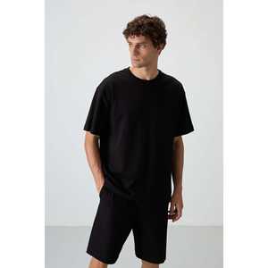 ชุดกางเกงขาสั้นผู้ชายทรงโอเวอร์ไซส์ผ้าฝ้ายสีดำ 100% ผ้าฝ้ายเนื้อพื้นฐาน รุ่น 85249 - Product Image 6