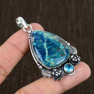 Pendentif en argent sterling 925 massif fait à la main avec pierre précieuse chrysocolle, design floral, plaqué rhodium de haute qualité, personnalisable - Product Image 1