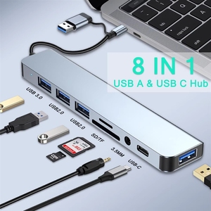 Hub <span class=keywords><strong>USB</strong></span> <span class=keywords><strong>C</strong></span> 8-en-1 en aluminium 3.0 avec lecteur de cartes SD/TF et prise casque auxiliaire 3,5 mm pour Pro Air More PC/Ordinateur portable/Tablette - Product Image 2