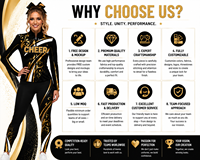 Setelan Seragam Cheerleading Custom Hitam Emas dengan Cetakan Scroll, Jaket Pemanasan, Legging, Sport Bra, Seragam Pertunjukan, Satu Tempat Belanja Lengkap