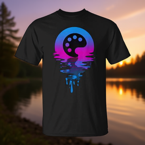 Camiseta vintage retro con estampado de atardecer y paleta de pintura - Product Image 3