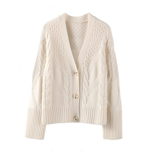 White Cable Knit Wool <b>Cardigan</b> <b>Sweater</b> V Neck Thickened Knitted Casual Women's Coat - Product Image 1
