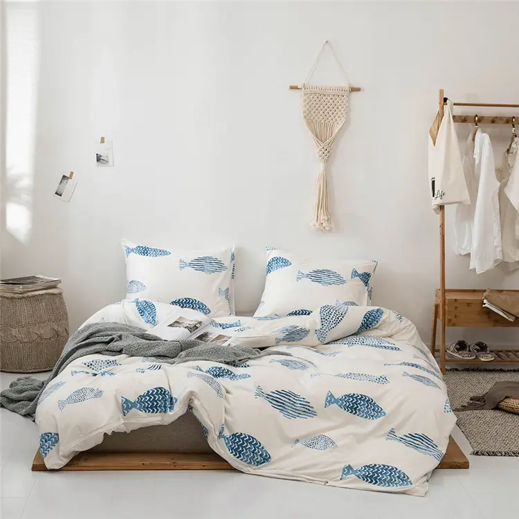 Großhandel Cartoons Cute Fish Blue Baumwoll tuch Gestrickte Bettdecken Digital Printed Duvet Bedding Set