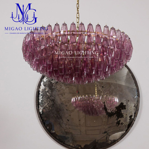 Lámpara de Araña de Cristal Acanalado Magenta Estilo Medieval Francés, Colgante de Lujo para Decoración de Villas, Salas de Estar y Comedores con Techos Altos - Product Image 3